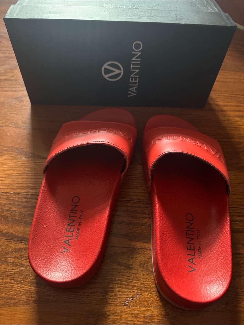 Valentino Red Embossed Logo Leather Slide Sandals - Picture 3 of 3